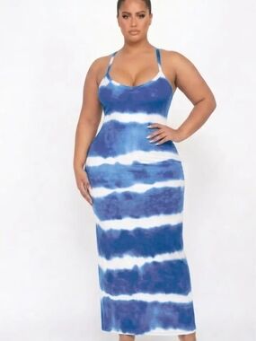 Blue & White Tie-Dye Bodycon Maxi Dress